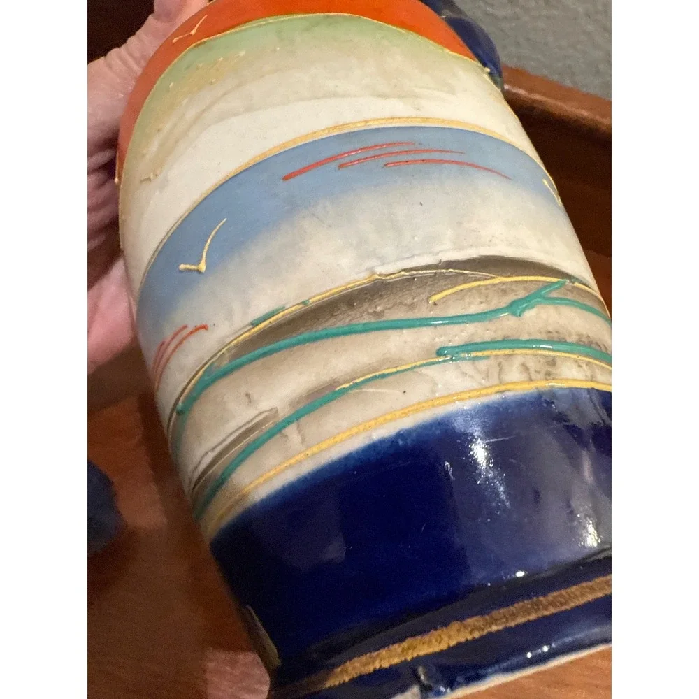 Vintage Japanese Vase Cobalt Blue Orange Landscape Scene Gold Trim Handles 6.75